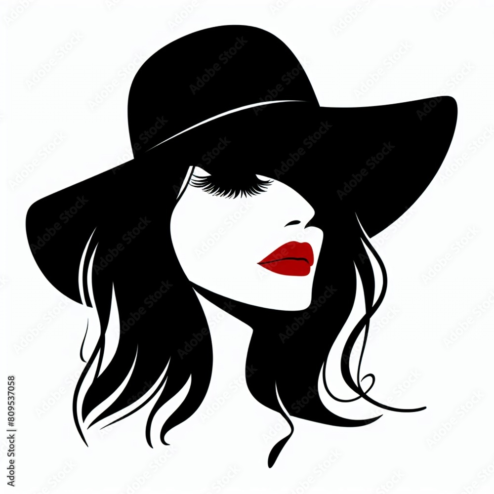 Black and white illustration of woman with black hat and red lips Black and white illustration of woman with black hat and red lips