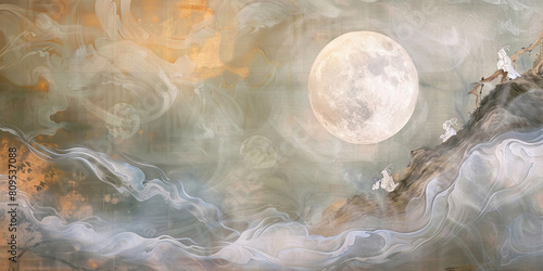 Enchanting scroll painting featuring a giant moon as a radiant pearl, surrounded by ethereal mists and celestial beings in a poetic ancient style.