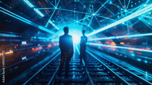 A man and woman standing on a railroad track in a digital world. photo