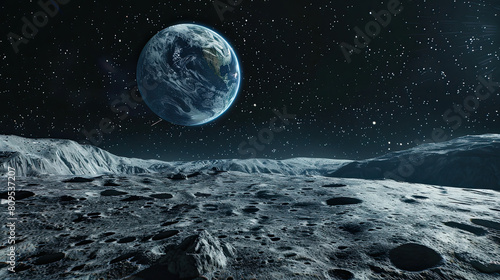 Captivating view of Earth rising majestically over the moon s crater-filled surface  set against a backdrop of a densely starlit sky.