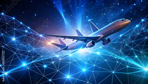 Geometric Polygonal Airplane Soaring in Night Sky. Perfect for Summer Solstice  International Civil Aviation Day  World Tourism Day  Travel Agencies  Vacation Promotions  Airline Technology Websites. 