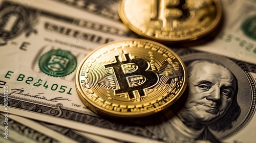 Golden bitcoin dominance over us dollar - Cryptocurrency ascendancy and financial evolution visualized with btc emblem and paper currency background
