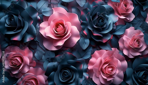 Seamless pattern with pink and black roses. 3D flowers background
