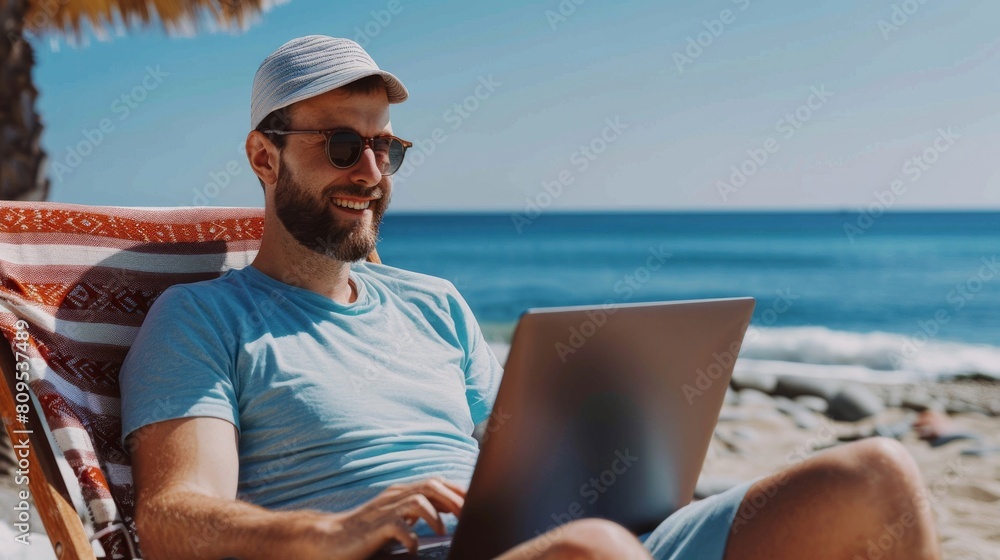 Young professional attending a video call on a sunny beach, laptop in hand