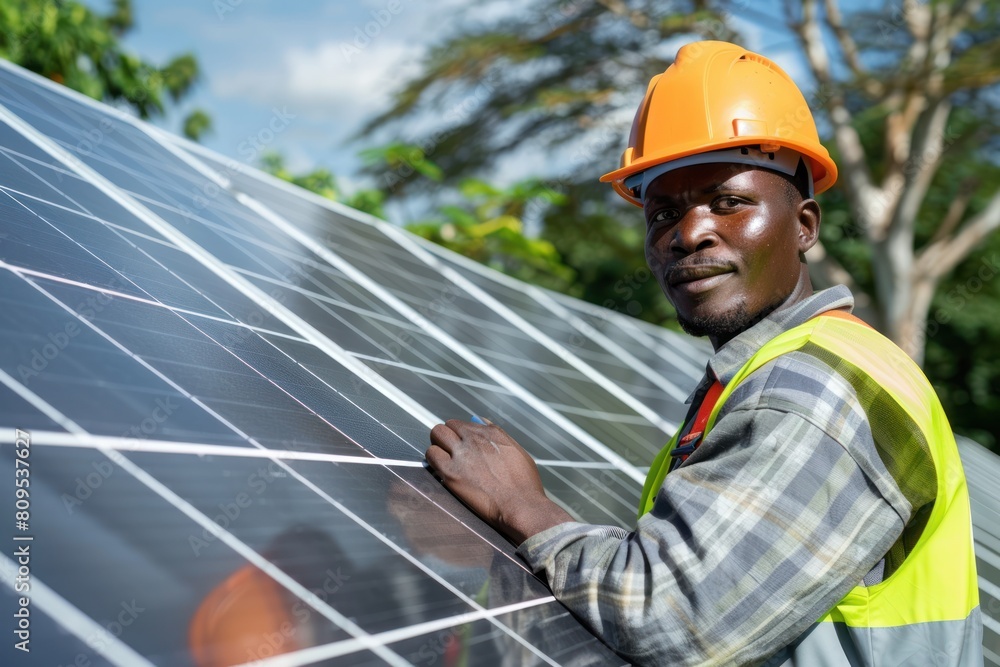 Solar power concept with African man wearing safety helmet and vest. Solar panel installation banner background Solar power concept with African man wearing safety helmet and vest. Solar panel installation banner background