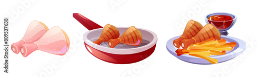 Cooking process steps of chicken drumstick roasting on grill pan. Cartoon vector illustration of bbg poultry meat preparing - raw legs, fried in skillet and ready to eat on plate with ketchup sauce.