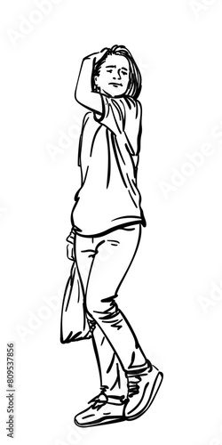 A walking teenage girl in tight jeans and a t-short, comfortable shoes, straightens her hair with her hand, Vector sketch isolated, Hand drawn illustration