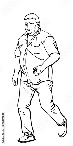 Hand drawing of a walking overweight adult man with a big belly in casual street wear, Vector sketch isolated, Hand drawn illustration