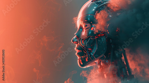 cyborg with Ai tech head and steaming , Space for your text