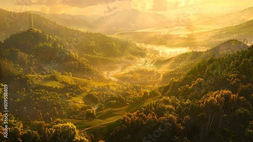  A panoramic view of rolling hills bathed in golden sunlight, with patches of dense forest and meandering streams. . 
 photo
