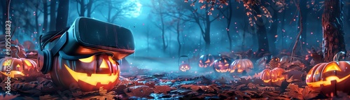 A spooky Halloween scene with VR glasses adorned in chilling decorations photo