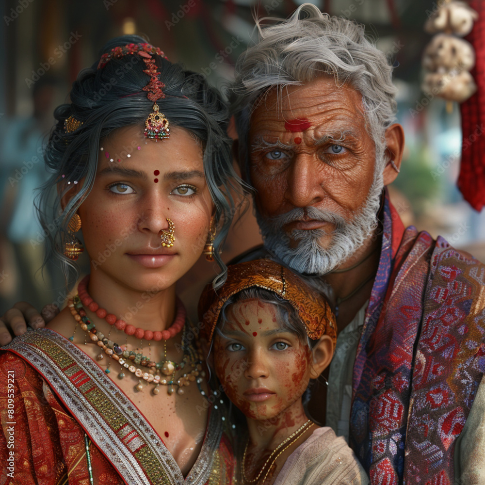 Indian family, woman, grandfather and granddaughter