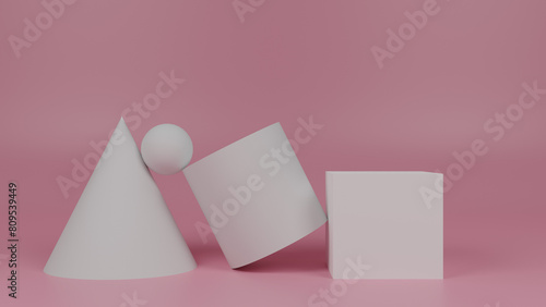 basic 3d geometry shapes, cube, cone, cylinder and a sphere - 3D rendered illustration photo