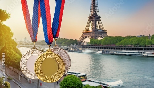 Olympic meadal with paris in background