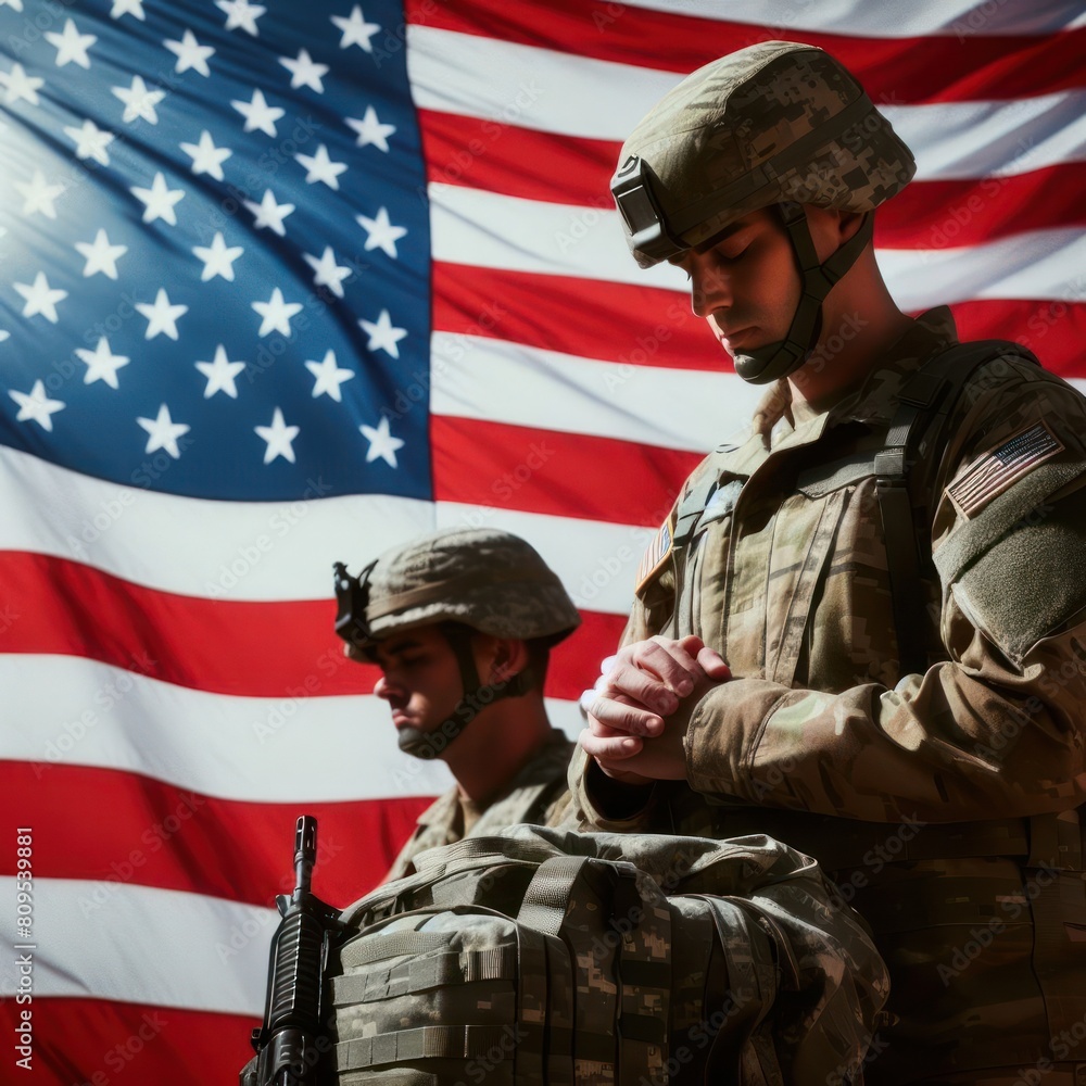 Soldier in front of the United States flag on Veterans or Memorial Day Soldier in front of the United States flag on Veterans or Memorial Day