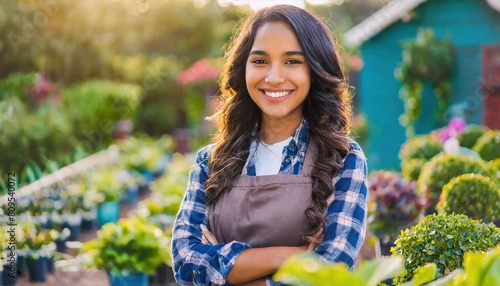 beautiful young woman smiling at the camera working in the garden  photo