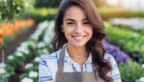 beautiful young woman smiling at the camera working in the garden  photo