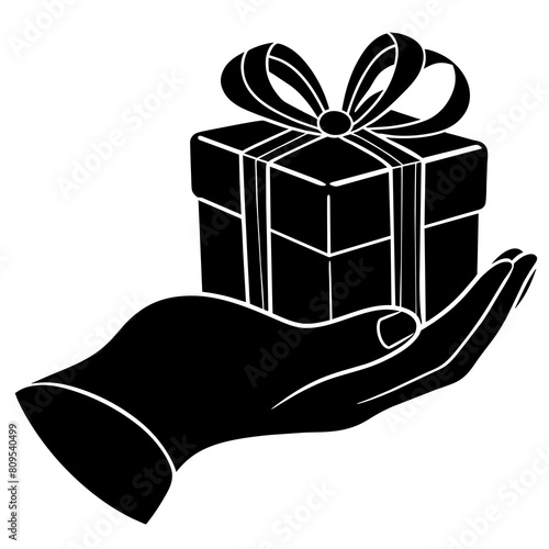 Hand with gift box silhouette vector illustration isolated on a white background.