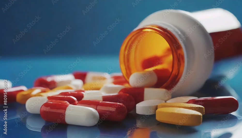 Pharmaceutical medicine pills and capsules spilling out of pill bottle on blue background Pharmaceutical medicine pills and capsules spilling out of pill bottle on blue background