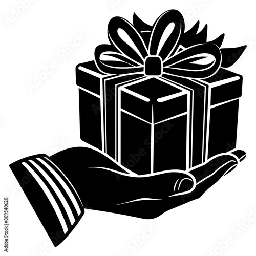 Hand with gift box silhouette vector illustration isolated on a white background.
