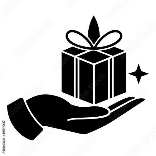 Hand with gift box silhouette vector illustration isolated on a white background.