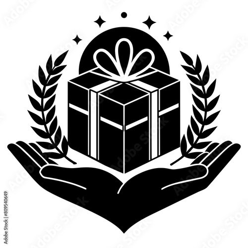 Hand with gift box silhouette vector illustration isolated on a white background.