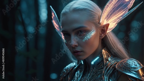 Luminous High-Tech Fairylike ElfMetallic Wings in Fantasy Digital Art Illustration