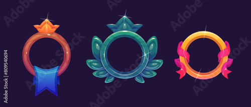 Gold circle avatar badge icon for ui game design. Empty rank border with crown for medieval interface. Achievement round asset made of stone or wood. Rpg ancient progress or medal element cartoon
