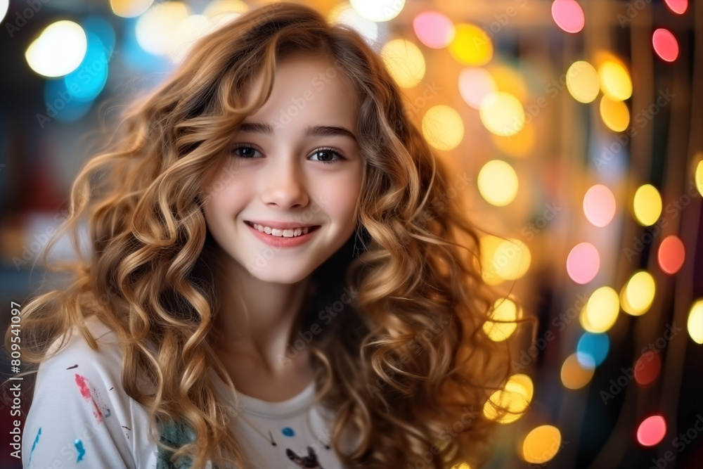 Portrait of a beautiful girl with curly hair on a background of colored lights Portrait of a beautiful girl with curly hair on a background of colored lights