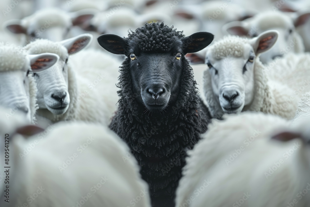 Obraz premium A black sheep among a flock of white sheep, raising head as a leader. Being different and unique with its own identity and special skills among the others