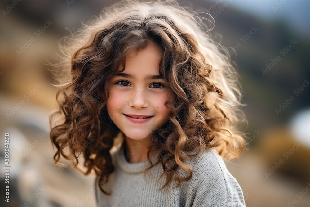 Close up portrait of a beautiful young girl with curly hair in the park Close up portrait of a beautiful young girl with curly hair in the park