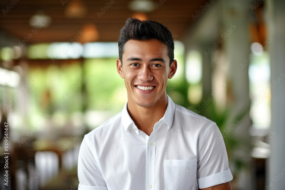 Fototapeta premium Portrait of a young handsome asian man in a white shirt