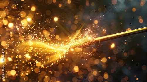 3d render of golden magic wand with glittering particles on black background