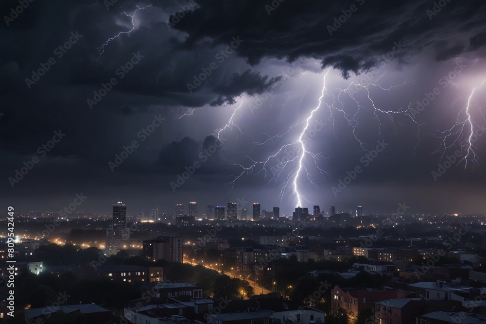 Urban Apocalypse: Dark Clouds and Lightning Cast Ominous Glow