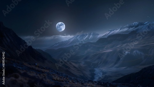  A remote mountain summit bathed in the soft light of the full moon  casting a silver glow over the rugged terrain below. .  