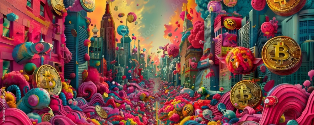 The image is a colorful and whimsical depiction of a city