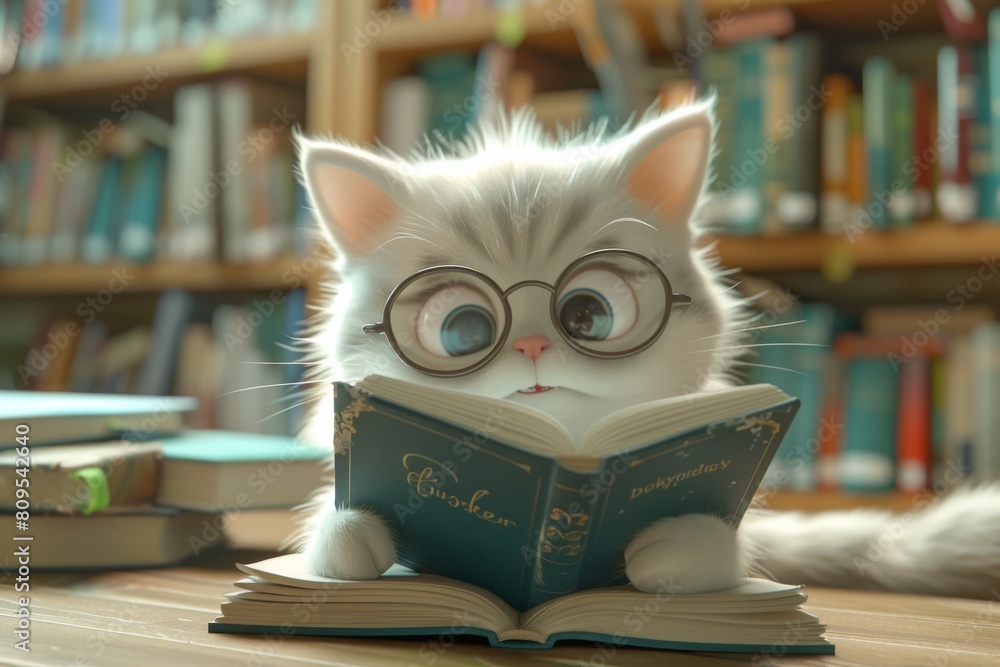 A whimsical 3D illustration of a fluffy white cat wearing glasses and reading a book. A whimsical 3D illustration of a fluffy white cat wearing glasses and reading a book.