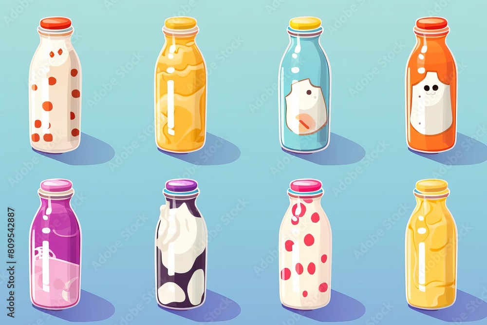A variety of milk bottles with different flavors. A variety of milk bottles with different flavors.
