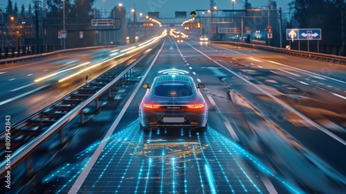 A modern electric car driving on a digitally enhanced road with interactive lighting  depicting advanced automotive technology.