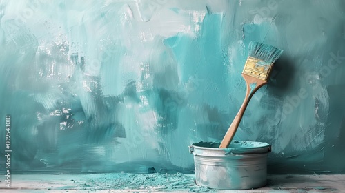 A creative scene of a painting process featuring a teal brush and paint bucket against a freshly painted wall. photo