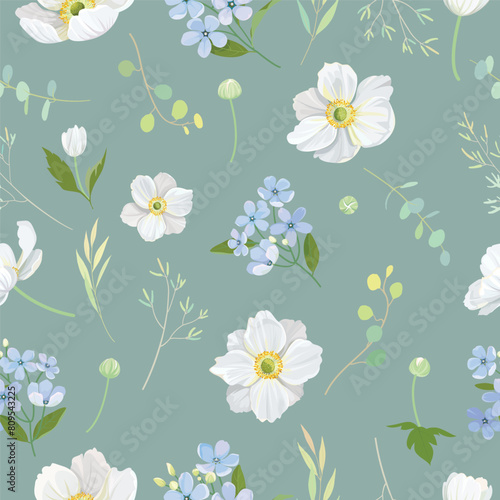 Japanese Anemone and Tweedia  flower seamless on elegance green background for fashion  fabric prints. Vector texture.