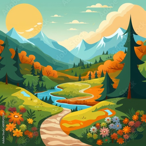 The image shows a beautiful landscape with mountains  trees  and a river. The colors are vibrant and the sun is shining. The image is peaceful and relaxing.