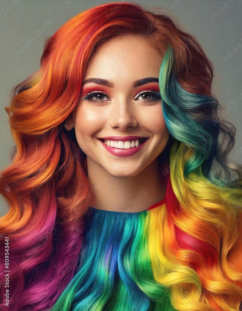 Fototapeta premium hair styled in cascading waves, each strand dyed in gradient rainbow shades, smiling beautiful woman