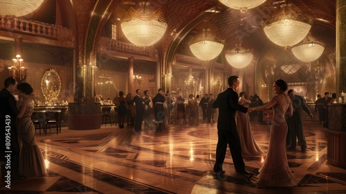 An art deco inspired ballroom from the 1920s, with elegant dancers and lavish decor. Resplendent. photo