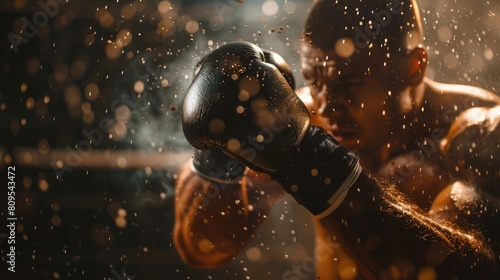 Unrecognizable man practicing boxing or kickboxing throwing punches and displaying power and athleticism in a training session, photo