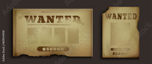 Old western poster with wanted sign, reward and empty frame. Realistic vector illustration set of vintage brown grunge paper templates. Ancient torn parchment for to search for wild west bandit.