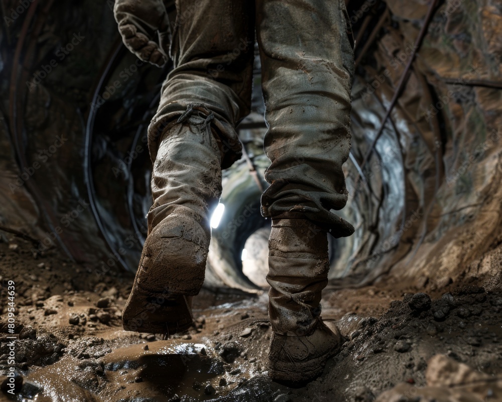 A man in dirty work boots, trudging through the tunnels of a mine, super realistic