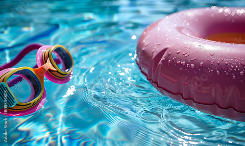 Crystal water, donut splashes, playful summer scene