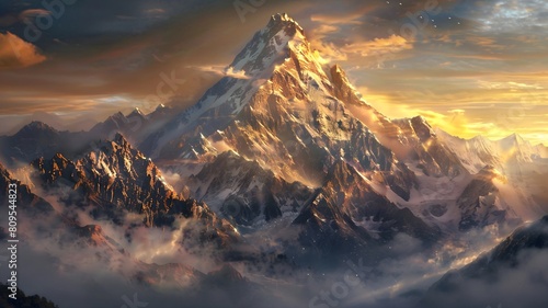  A rugged mountain peak piercing through layers of mist, with the first light of dawn painting its rocky slopes in warm hues. . 