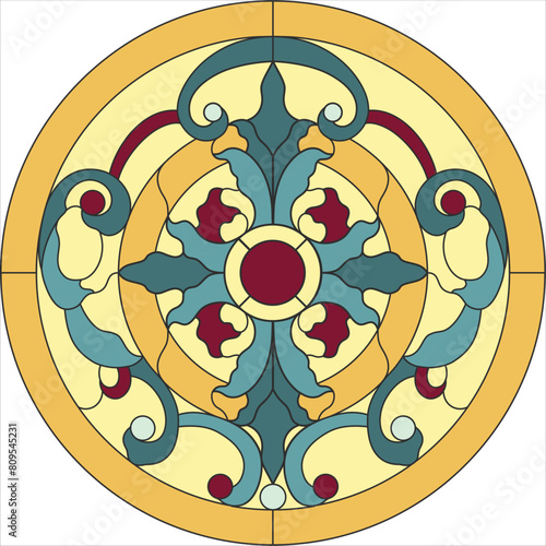 Ceiling round panels, stained glass window. Abstract Flower, swirls and leaves in circle frame, geometric ornament, yellow color, symmetric composition, tiffany technique, classic style. Vector